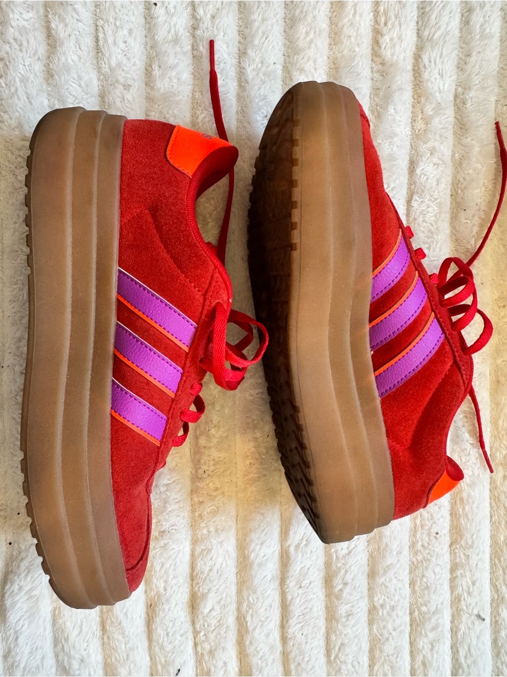 adidas Red Suede Platform Sneakers with Purple Stripes and Orange Heel - Picture 2 of 4